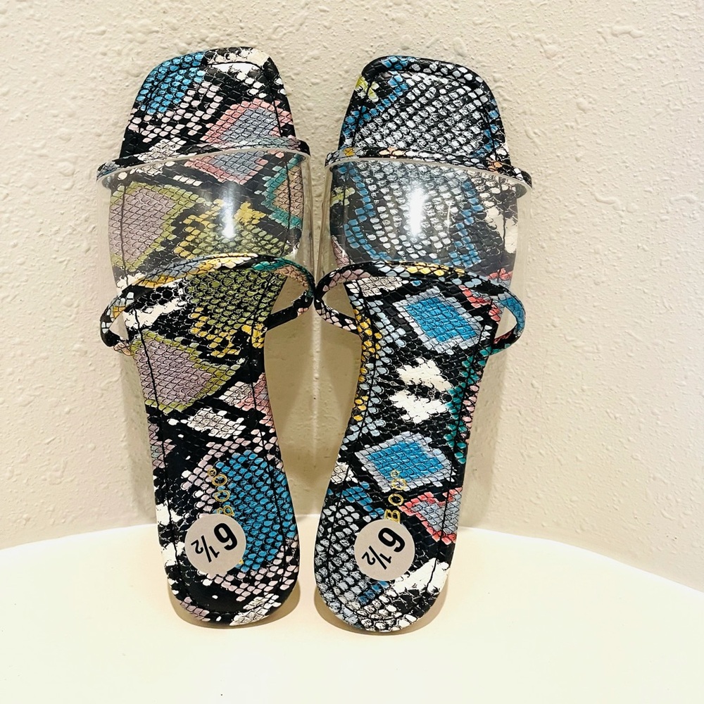 Bamboo Snakeskin Clear Strap Women’s Multicolor Slides Size 6.5 NWT